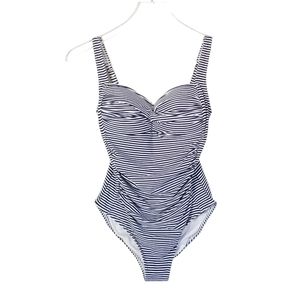 NIP TUCK Twist Front Multi Fit One Piece Swimsuit Size 6 Navy Blue White Stripes